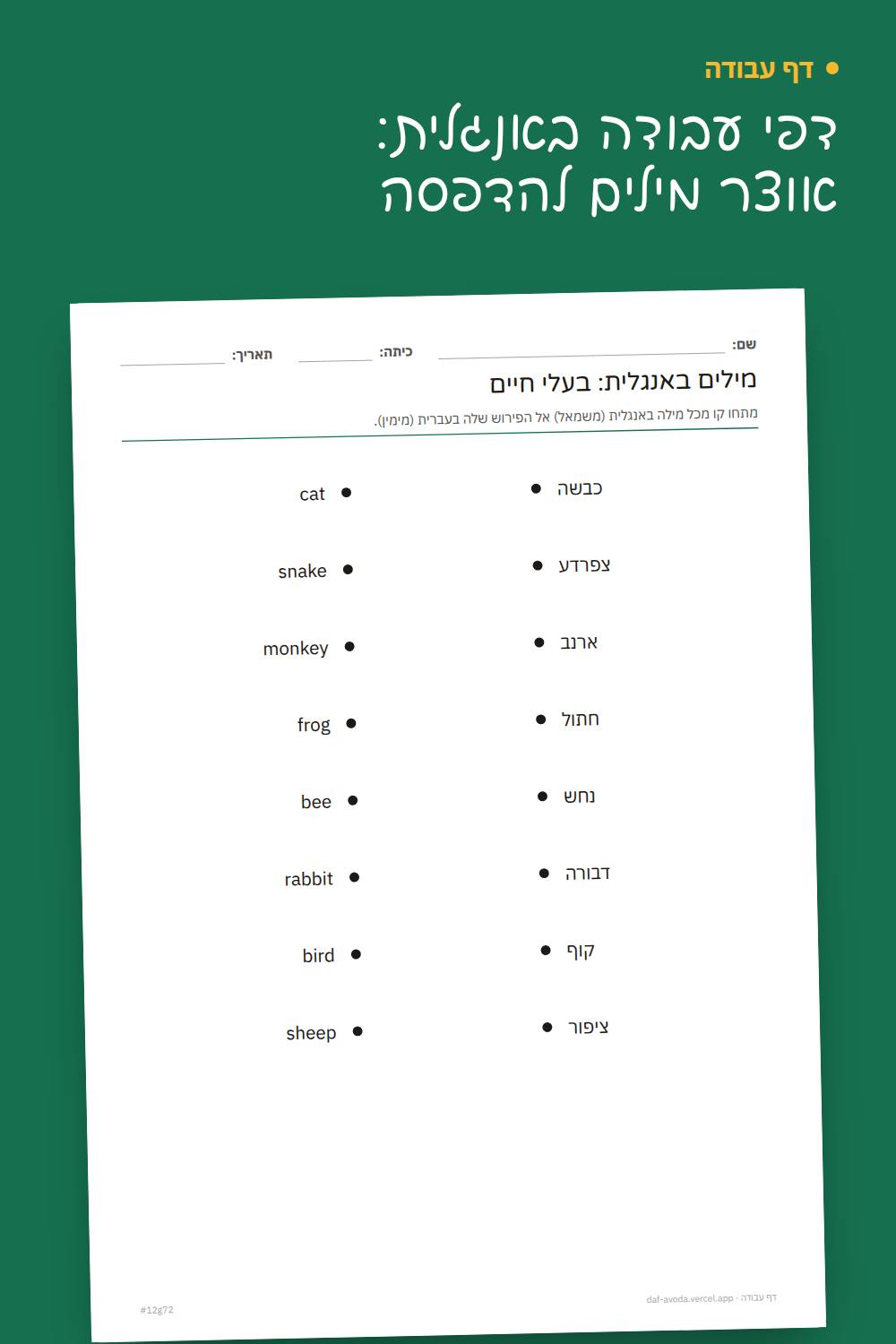 דוגמה: דפי עבודה באנגלית: אוצר מילים להדפסה