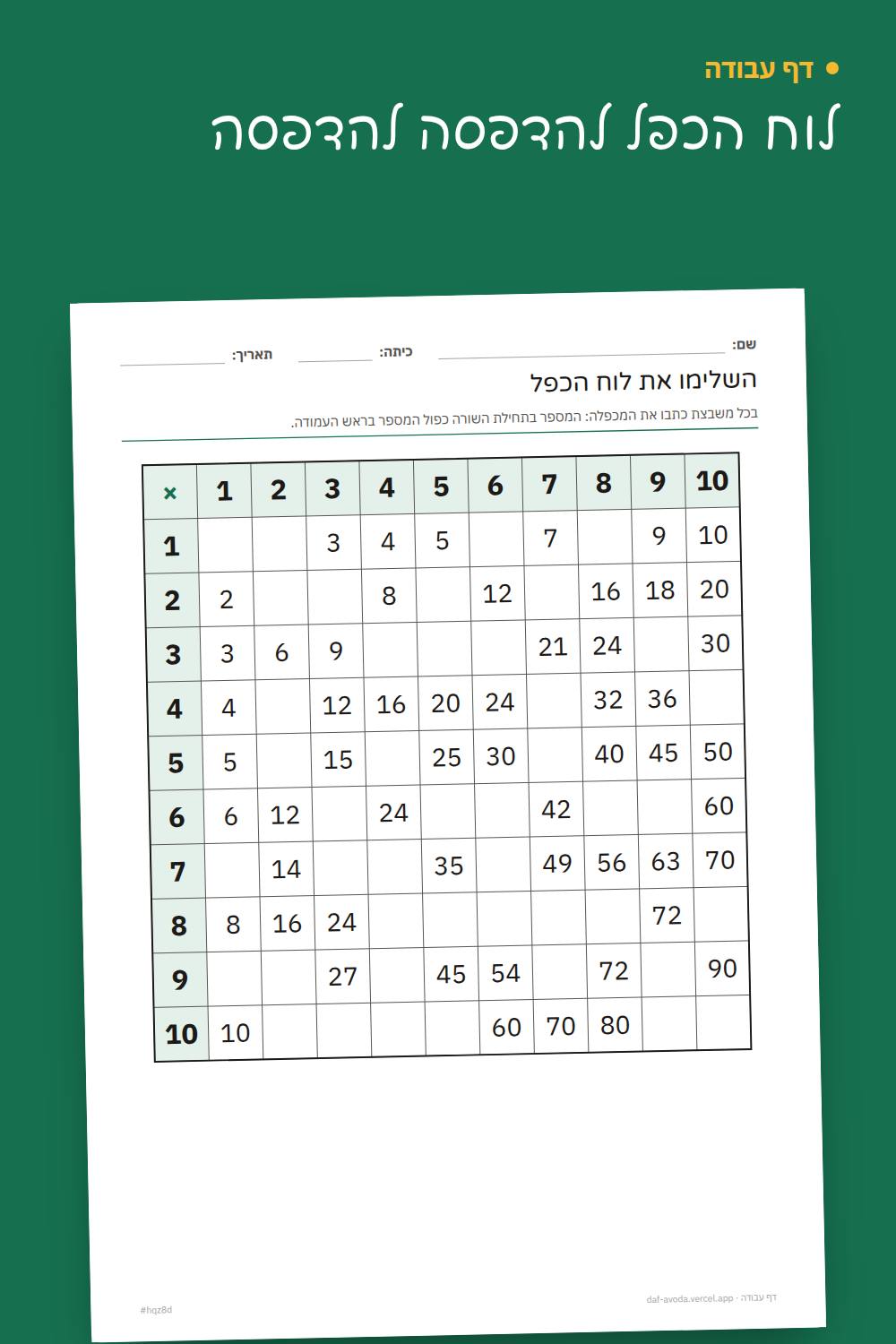 דוגמה: לוח הכפל להדפסה להדפסה
